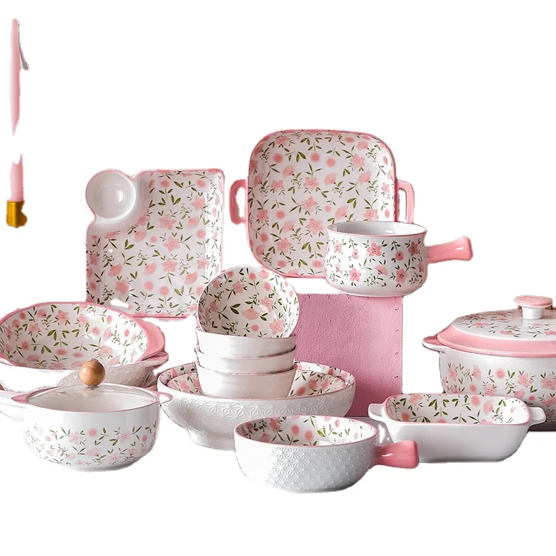 porcelain dinner ware Whole sale Pink Floral design fine porcelain dinner set tabletop plate and kitchen ware