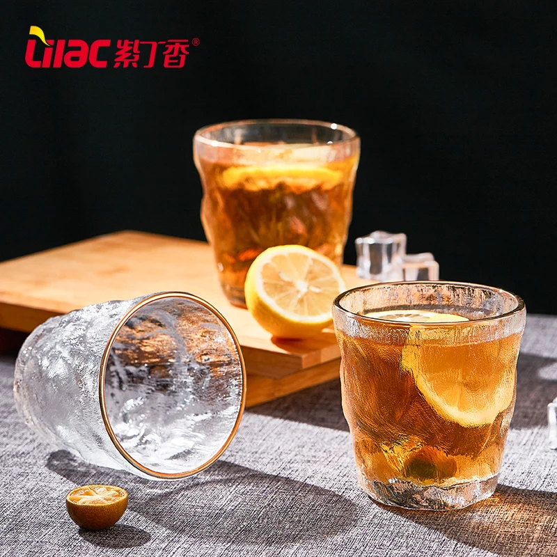 Lilac FREE Sample 300ml/370ml creative hammer pattern glassware set 12 oz shot glass gold rim wine/tea cup with golden