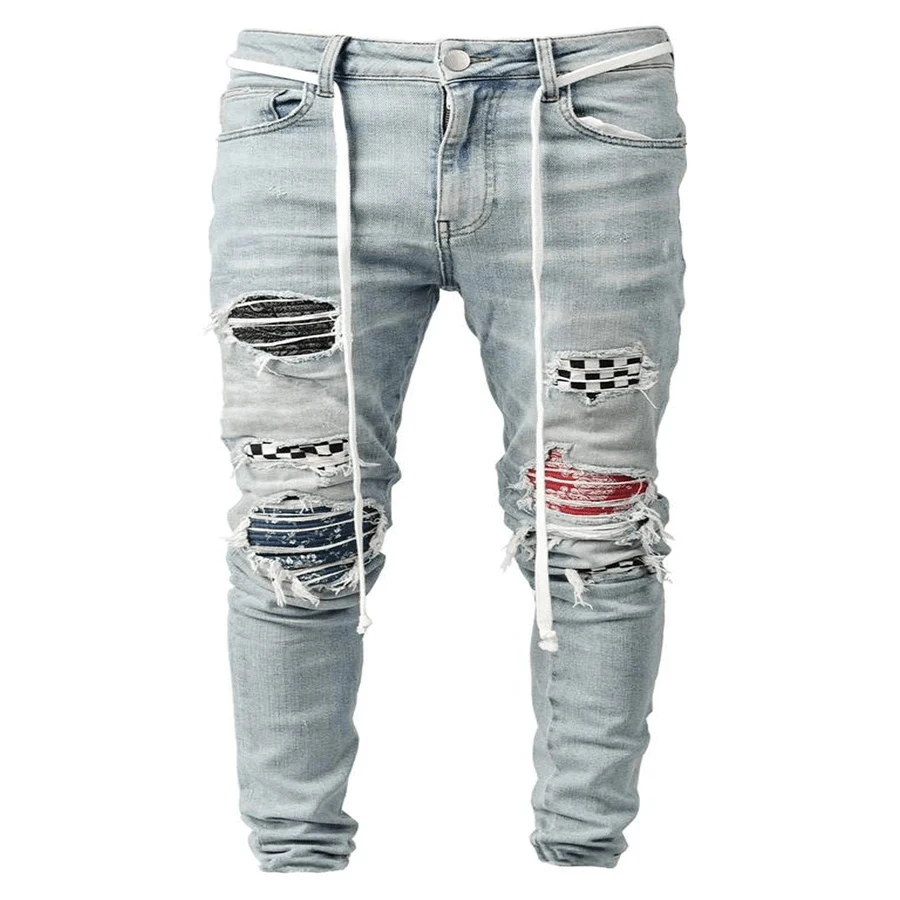 Skinny Autumn Versatile Tapered Men Zipper Denim Ripped Pants Wash Wholesale Mens Jeans 2021 Pencil Pants Slim Spandex / Cotton