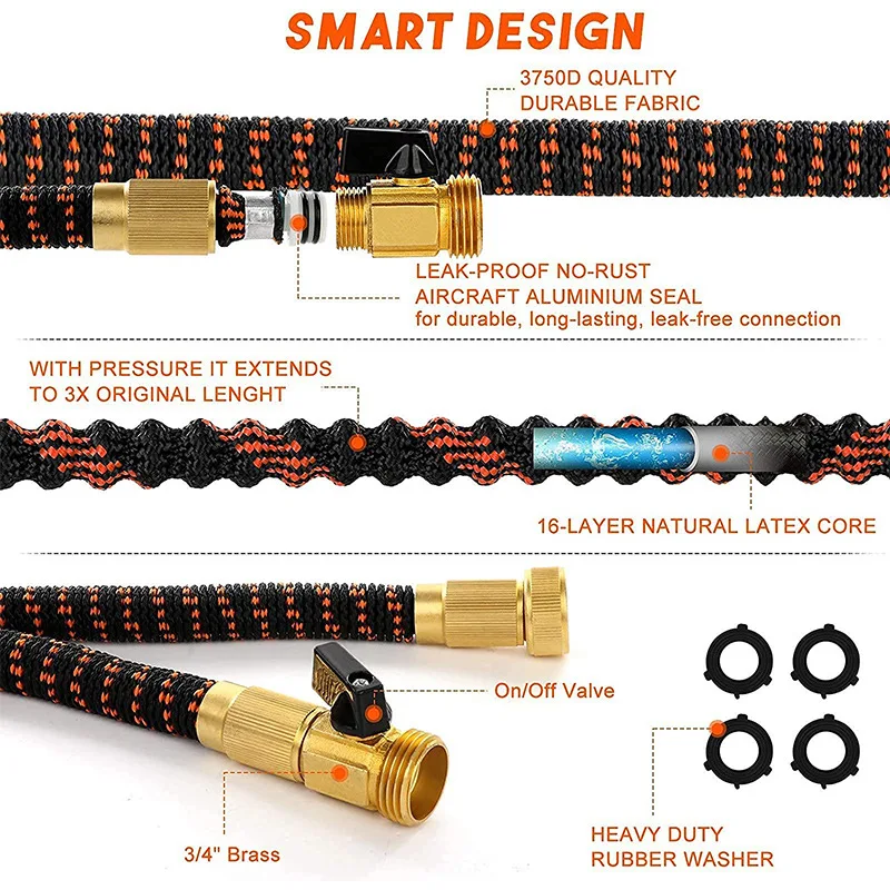 Durable 3 Layers 100FT Flexible Water Pipe Garden Expandable Hose With Brass Fittings