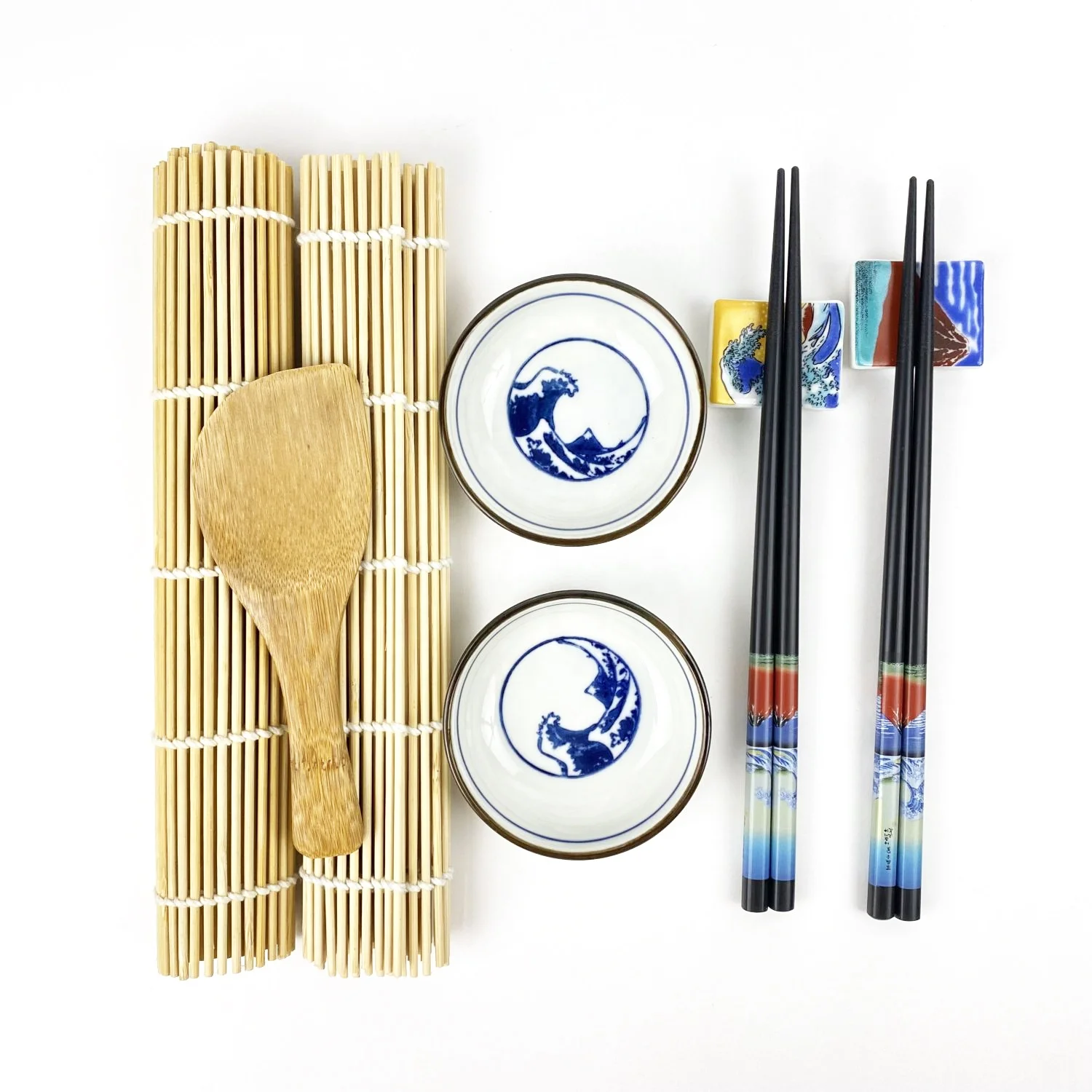 Newly Japanese fujiyama sushi bamboo mats 8pcs ceramic custom dish  dinnerware sushi plates set with chopsticks