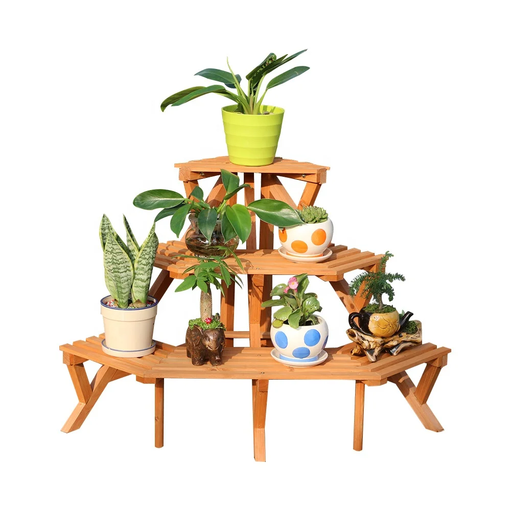 Hot sale outdoor garden plant shelf wooden plant rack corner flower pot display plant stand