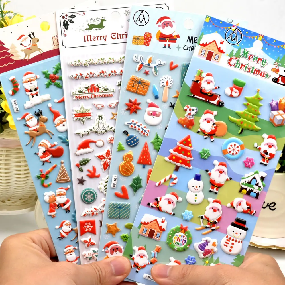 Custom 3D Cartoon Christmas Holiday Puffy Sticker Sheet Waterproof Kiss Cut Bubble Sticker