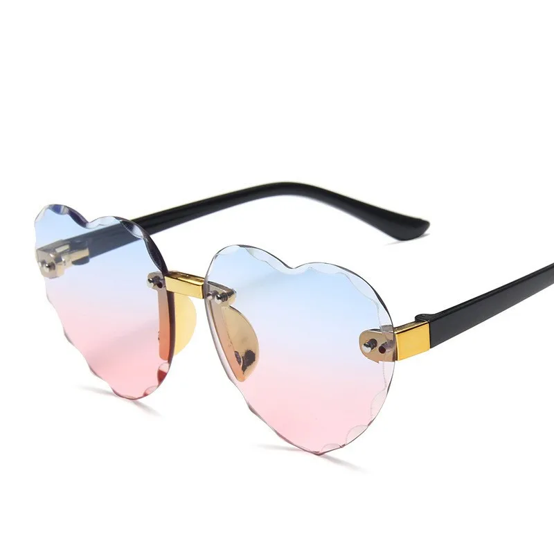 Luxury brand designer heart shape rimless gradient kids sunglasses ocean lens children eyewear