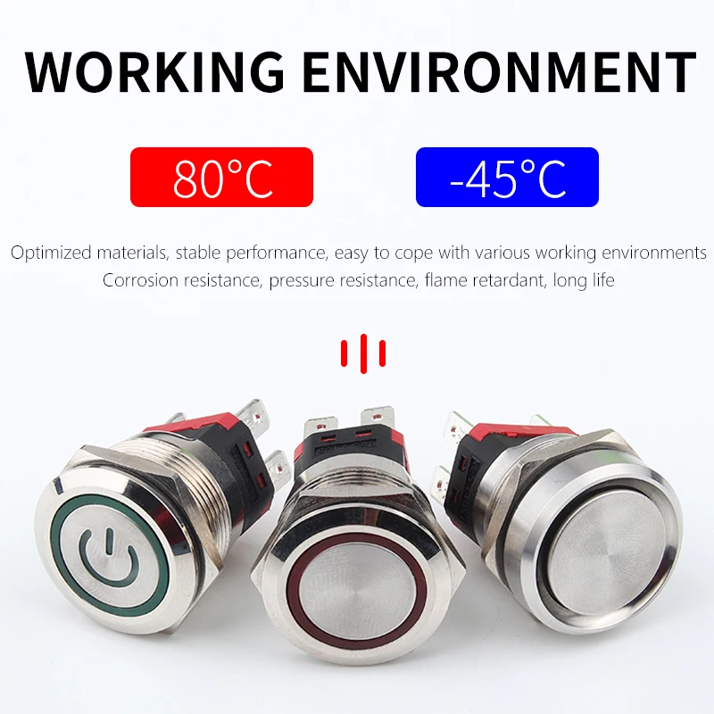 22mm metal push button switch current 20A with light and no light stainless steel self-locking instantaneous wire terminal