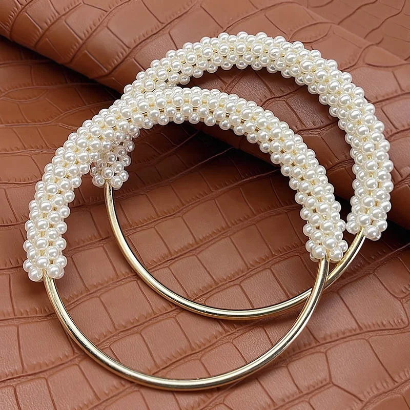 DIY Women Handbag Metal Ring Handle With Pearls Coated Outside Polyester Cotton Woven Bag Metal Handle