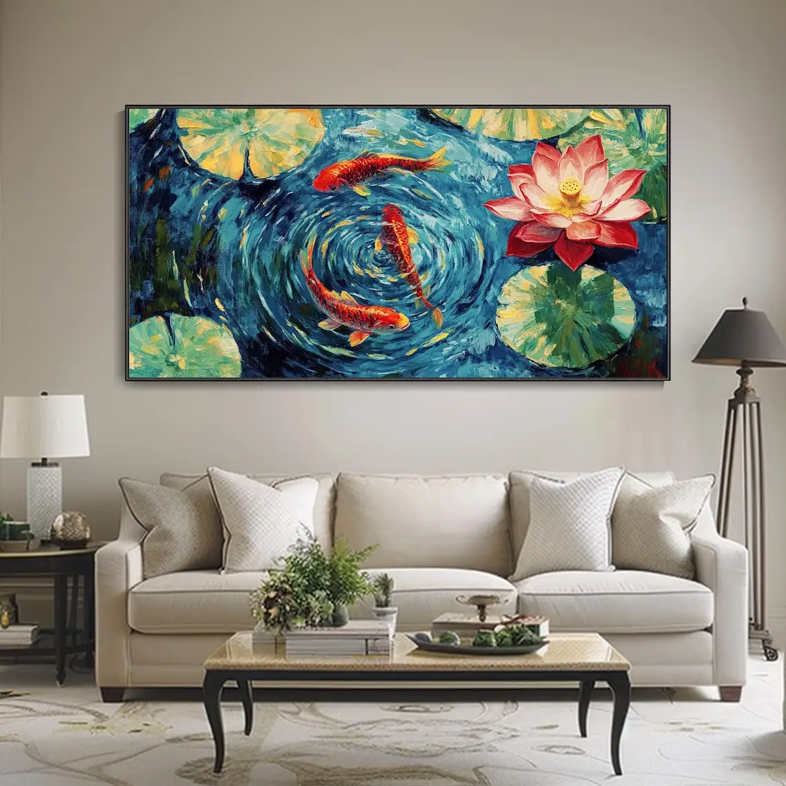 SQ Lotus Red Koi Fish Oil Painting Abstract Floral Art Modern Wall Decor Large Colorful Water Lilies Contemporary Home Decor