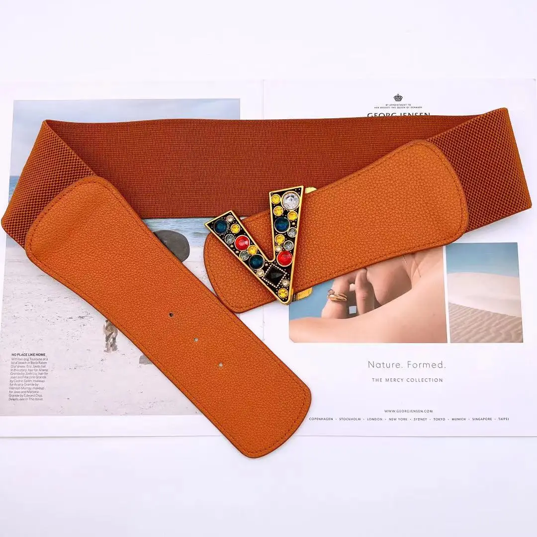New Designs Luxury V Logo Color Gemstones Buckle Pu Leather Elastic Waist Belt Wide 7 cm Colorful Belt