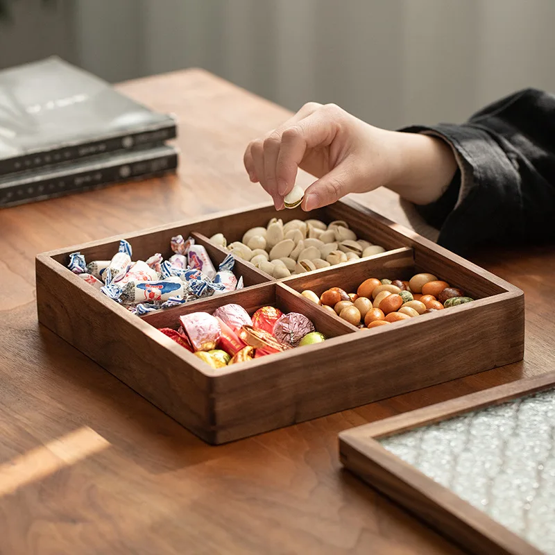 Solid wood dry fruit box wholesale square fruit plate with cover living room new year candy nut box glass storage box