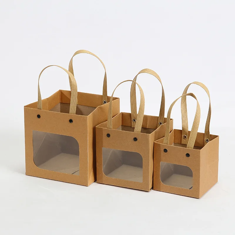 Hot Sale Korea Cute Gift Packing Firm Handle Square Bottom Thick Brown White Kraft Paper Window Bag With Window
