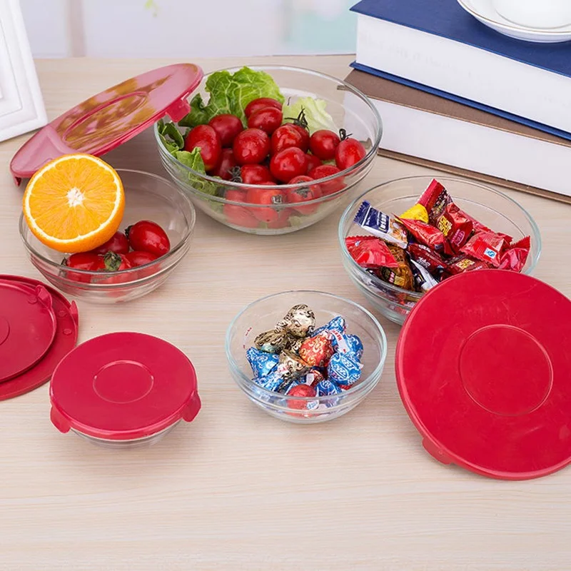 Hot Sale 5pcs Round Clear glass bowls Fruit Salad Food Kitchen Crystal Glass Bowl Cookware Set With Lid