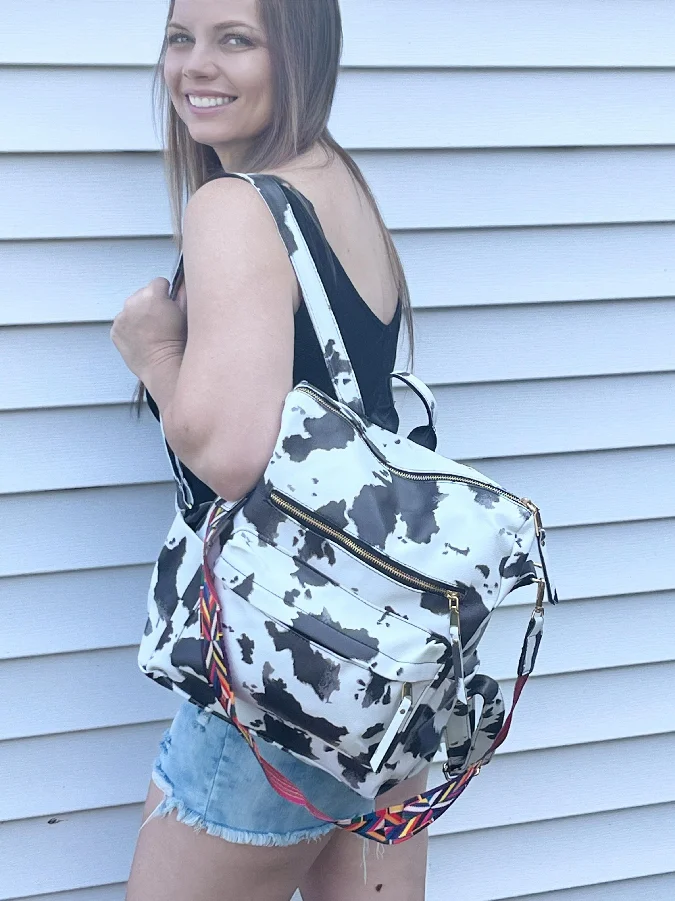 Vegan Leather Adjustable Cow Print Backpack Purse Leopard Convertible Backpack With Leather Strap