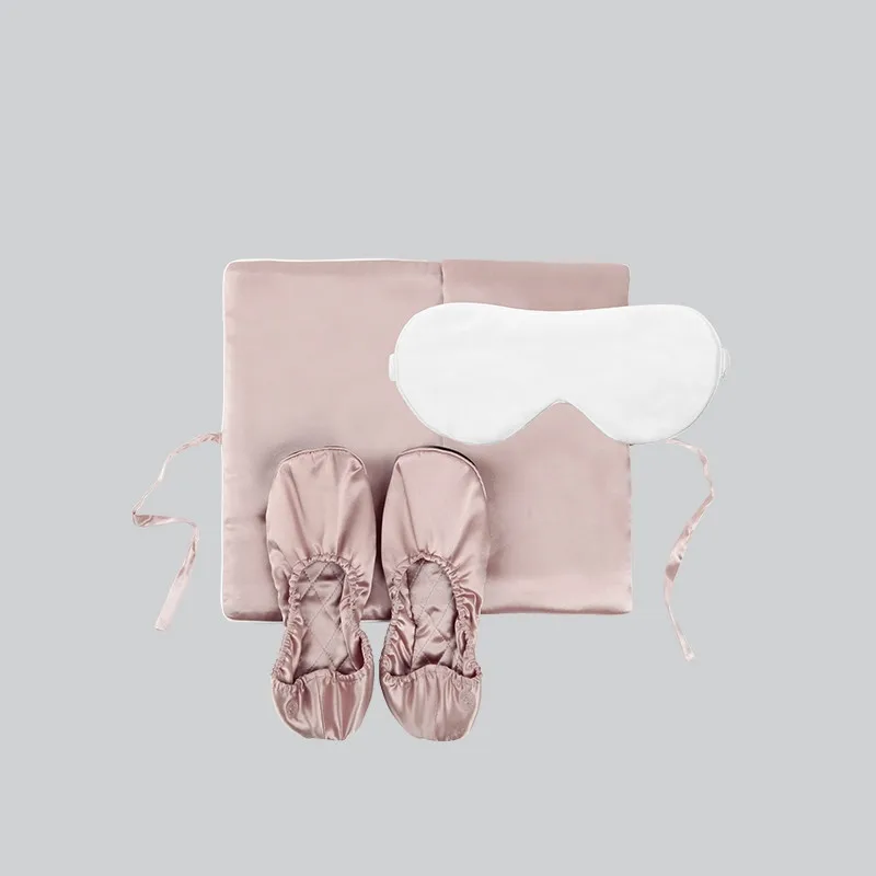 Luxury 100%silk travel set eye mask home shoes small pouch