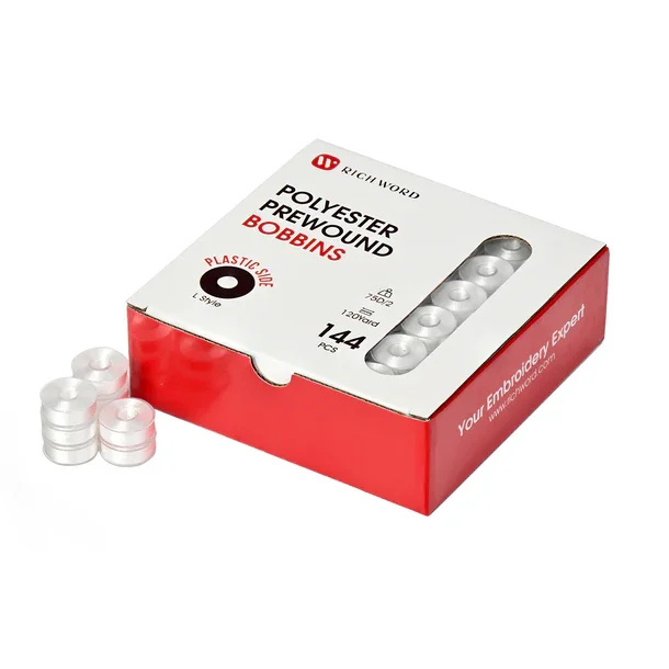 RICHWORD Size L 75D/2(60WT) 144pcs Plastic Side Pre wound Bobbin Thread For Embroidery Machine or Other Mutil Machine