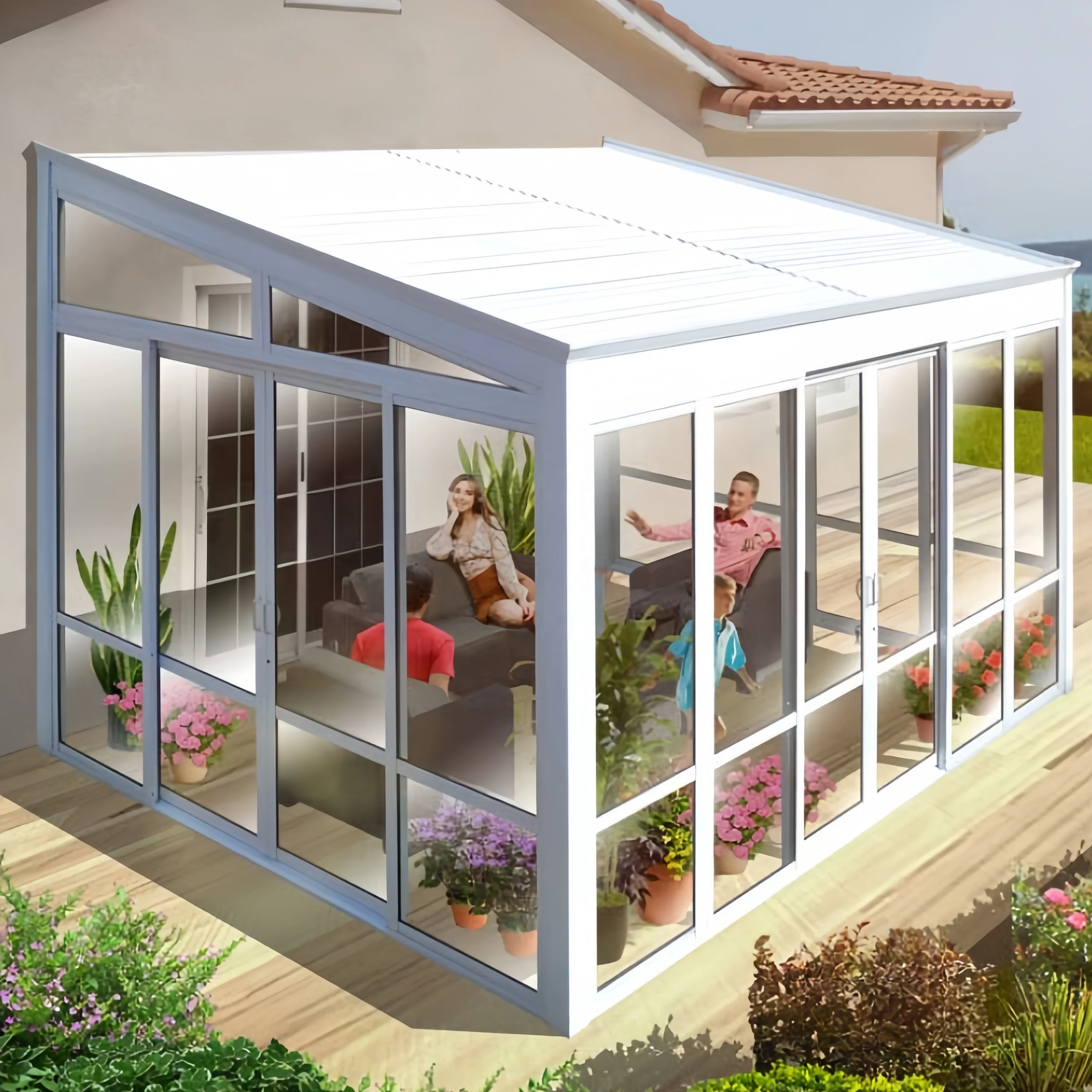 Customized design China double glass green house solarium aluminium sunroom garden veranda sunrooms Glass Roof for sale