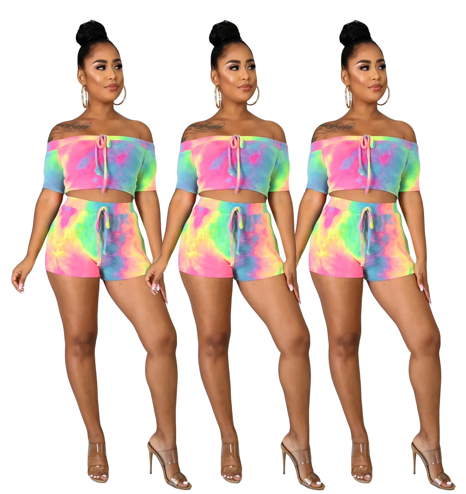 
2021 Plus Size Sexy 2 Piece Tie Dye Top Shorts Summer Women Outfit Clothing Short Sets Two Piece Pants Set 