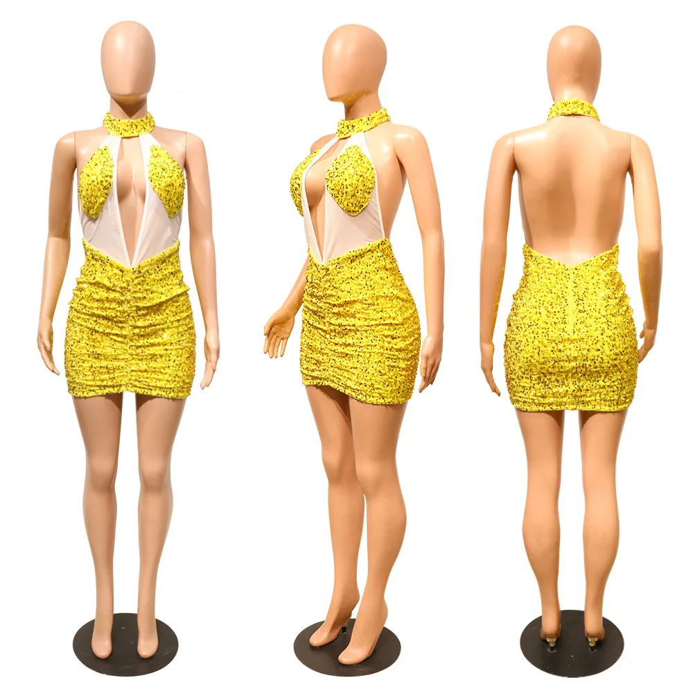 high quality sleeveless sequin prom dress backless sequined Crystal mesh club dress