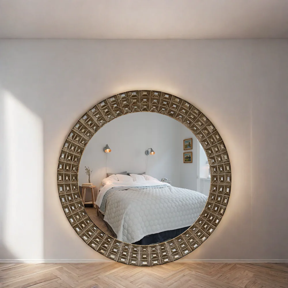custom luxury salon bathroom home decor modern large round PU framed big circle full body hanging miroir wall mirror espejo