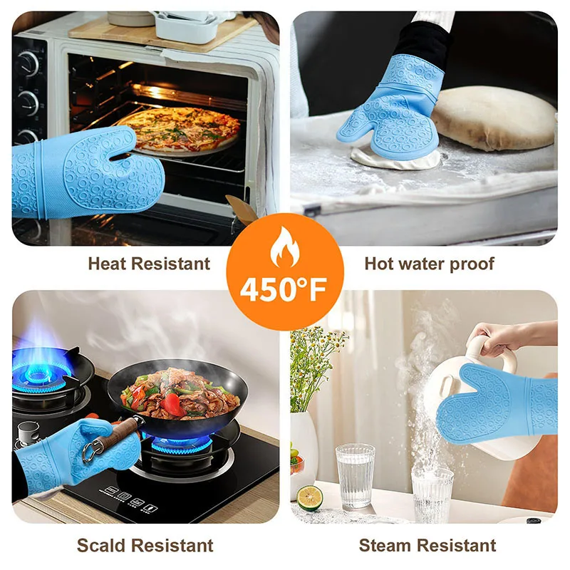 Heat Resistant Silicone Oven Mitts Waterproof Grilling Gloves Extra Long BBQ Gloves Non-Slip Pot Holder for Baking BBQ