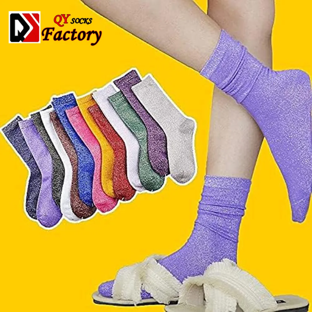 Custom Colorful Cotton Socks Silver Lurex Silk Glitter Ladies Fashion Socks Solid Color Gold Shiny Women Crew Socks
