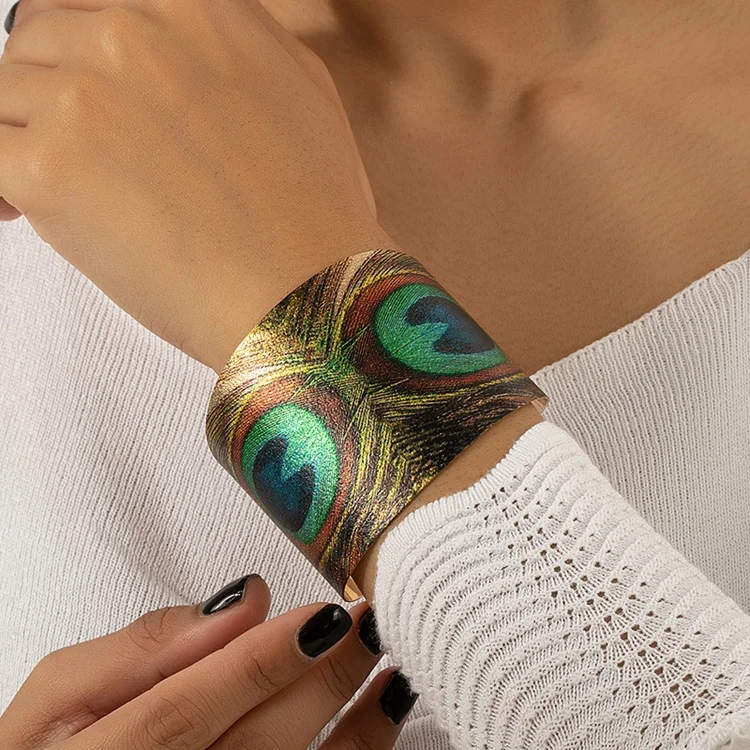 JLD-88 Wholesale Fashion Vintage Ethnic Hand Jewelry Metal Peacock Feather Wide Cuff Bangle Bracelet
