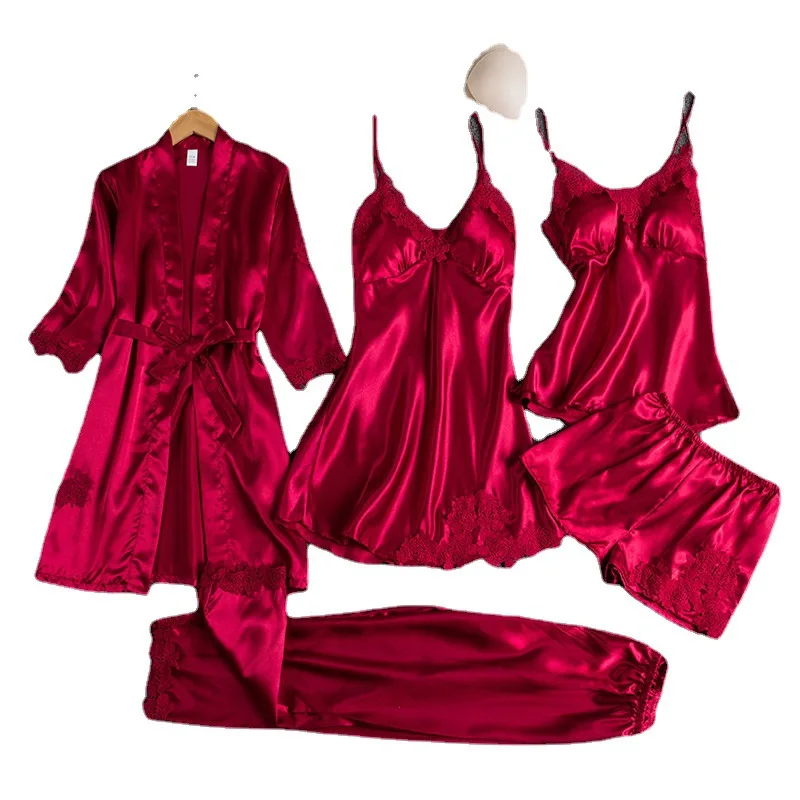 Spring Pajamas For Adults Lingerie Reflective Satin Pajamas For Women Robe 5 Piece Sets