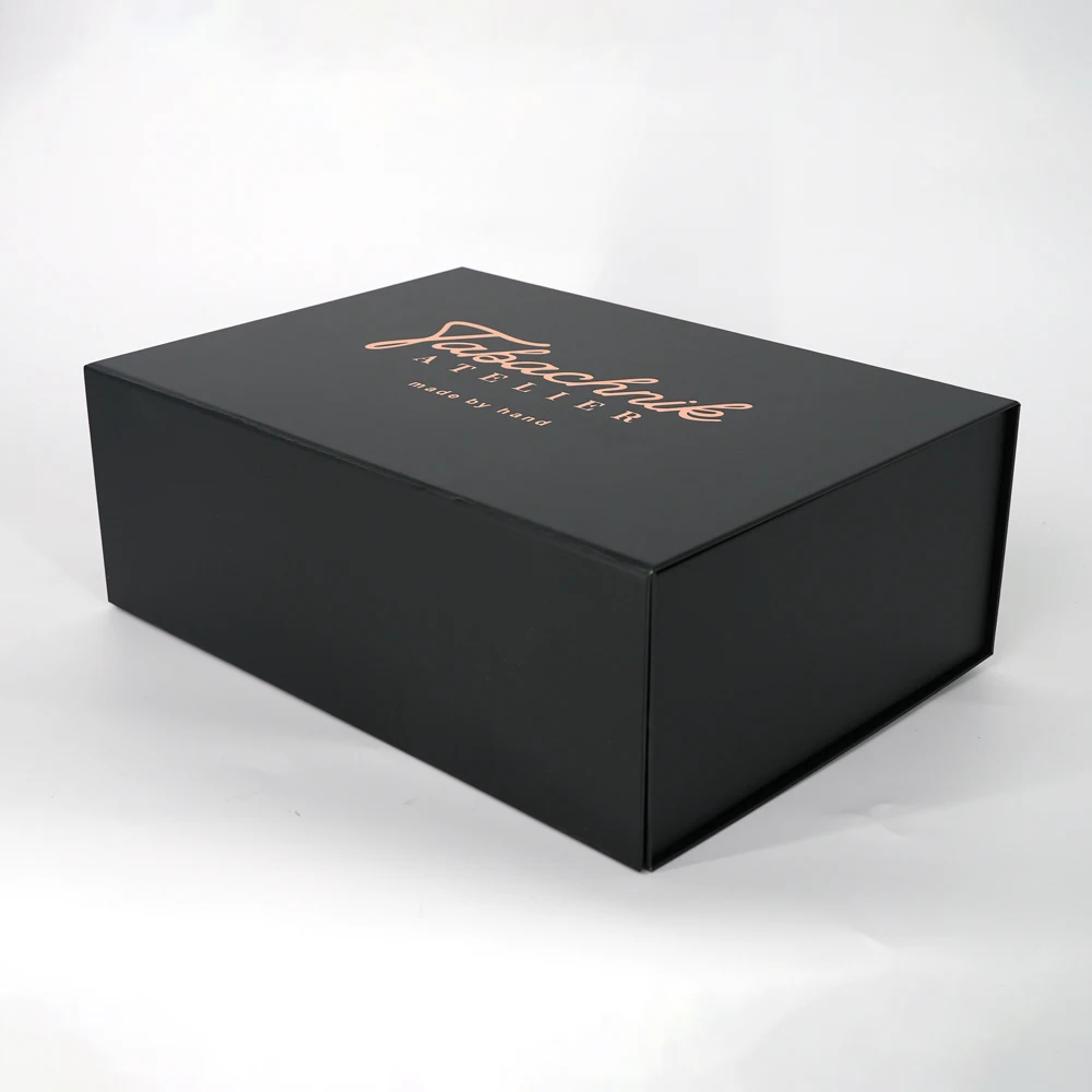 Customize Logo Printed Black Flap Foldable Magnetic Gift Box Rigid Paper Box for Clothes Shoe Packaging