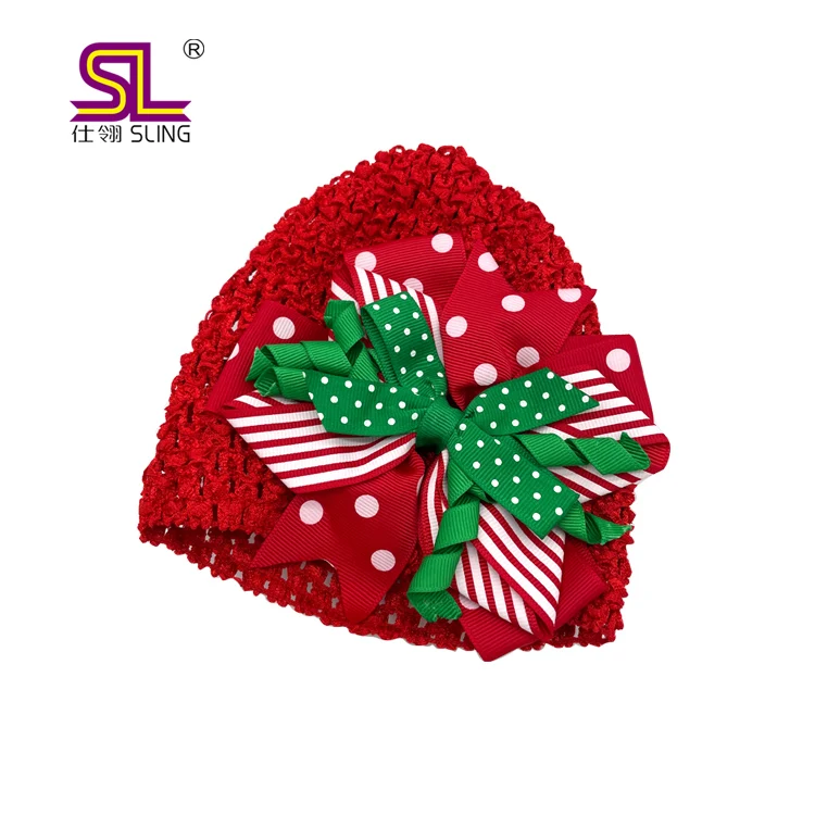 Crochet headband with handmade ribbon bow flowers for babies