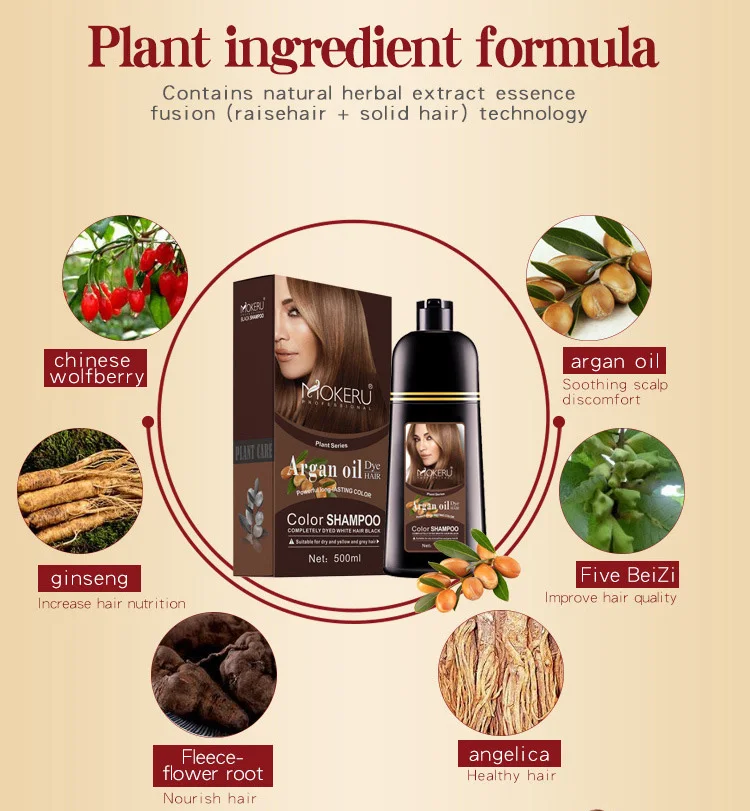 Multipurple Colors Long Lasting Wine Red Black Brown Argan Oil Hair Dye Shampoo for Female