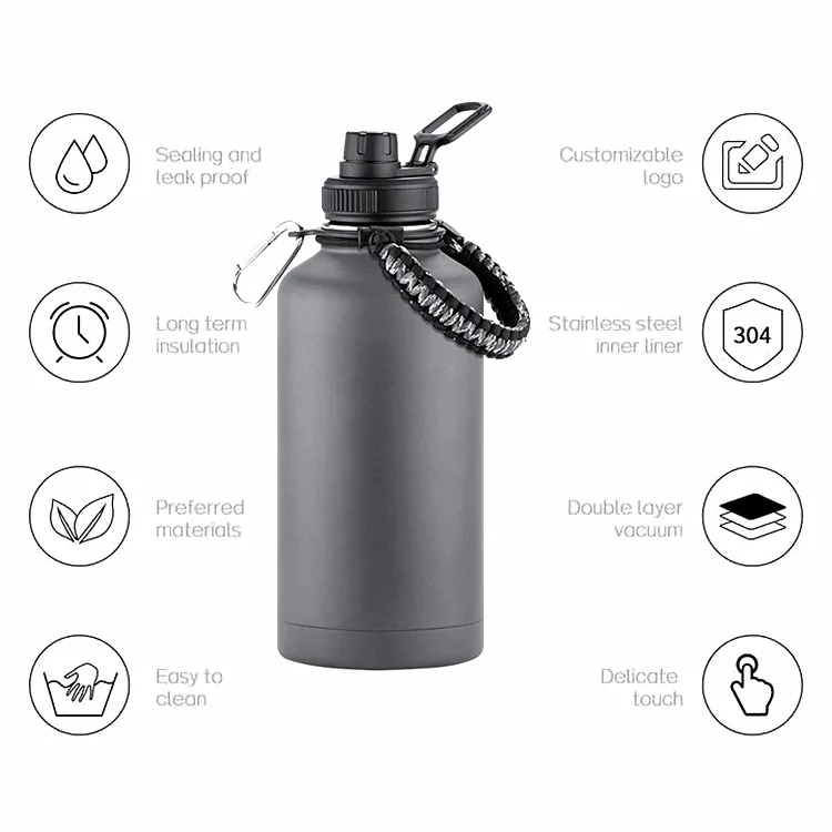 32oz 40oz 64oz Wide Mouth Eco Double Wall Insulated Stainless Steel Gallon Insulated Water Bottle Jug with Handle Lid