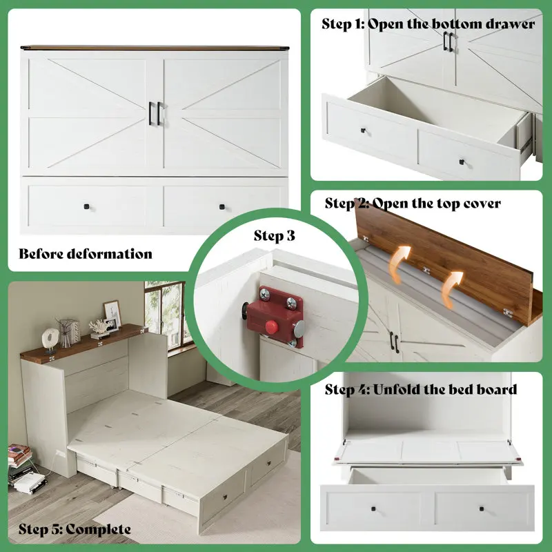 Kainice modern smart bedroom furniture convertible murphy bed cabinet full size wood bed with storage drawer