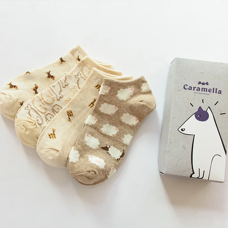 4 Pairs Spring Autumn young girls low cut Cute Cartoon cheap women ankle socks