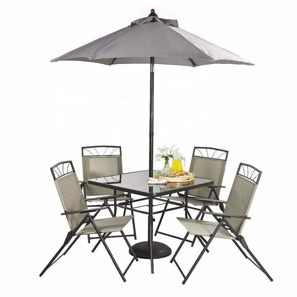 China Garden Furniture Home Leisure Way Patio Outdoor 4 Seater Metal Dining Set with Foldable Chairs, Glass Table, Umbrella