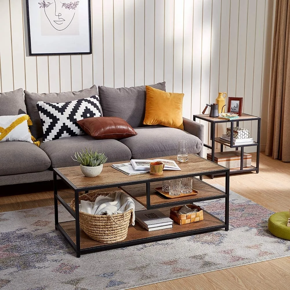 Home Industrial 3 Tier Coffee Table with Storage Shelf, Wood Look and Metal Frame, Rectangular