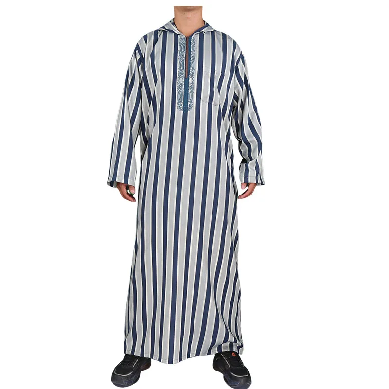 2023 Classic Striped Hoodie Fashionable Morocco Style Muslin Man Thobe
