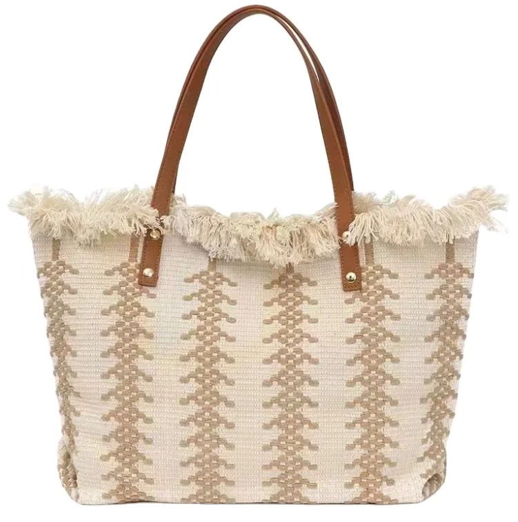 2025 hot sale design handmade woven knitted stripe tote bag Summer Large Capacity Tassel Shoulder Bag for Women