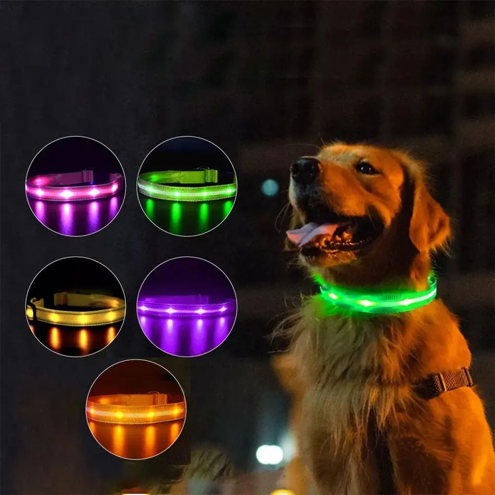 Pet Supplies custom private label  luxury Polyester reflective webbing Pet Dog Cat collars  light up flashing led dog collar