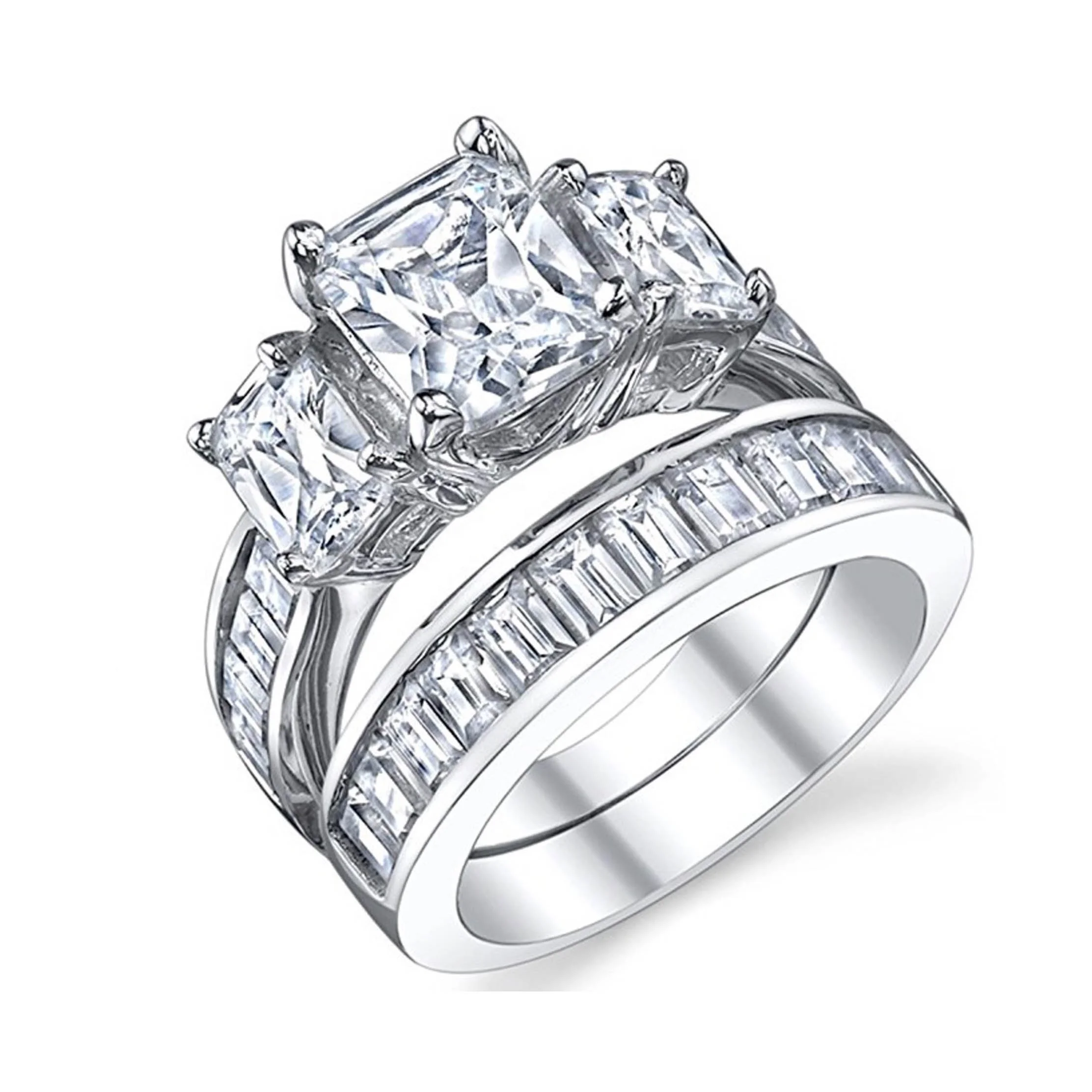 Square Channel Set Baguette CZ Sterling Silver 925 Wedding Rings Set Jewelry Women