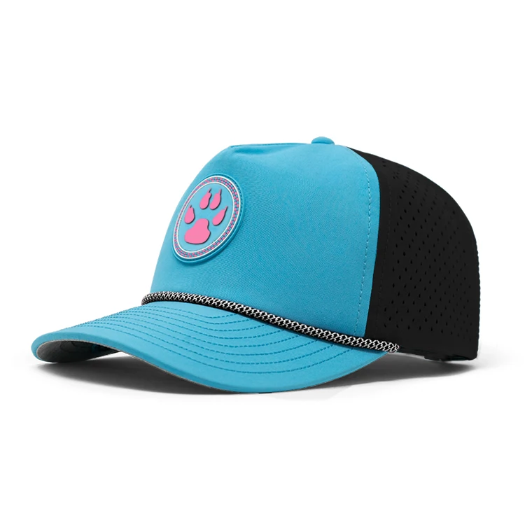 Wholesale Custom Waterproof Laser Cut Drilled Hole Perforated Hat 5 Panel Rubber Pvc Logo Baseball Cap