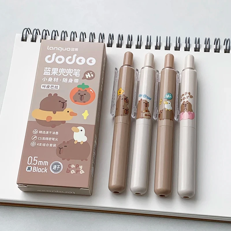 4Pcs/box Cute Capybara Pocket Gel Pen Set 0.5MM Black Gel Ink Pen For Students Quick Drying Writing Pen School Office Supply