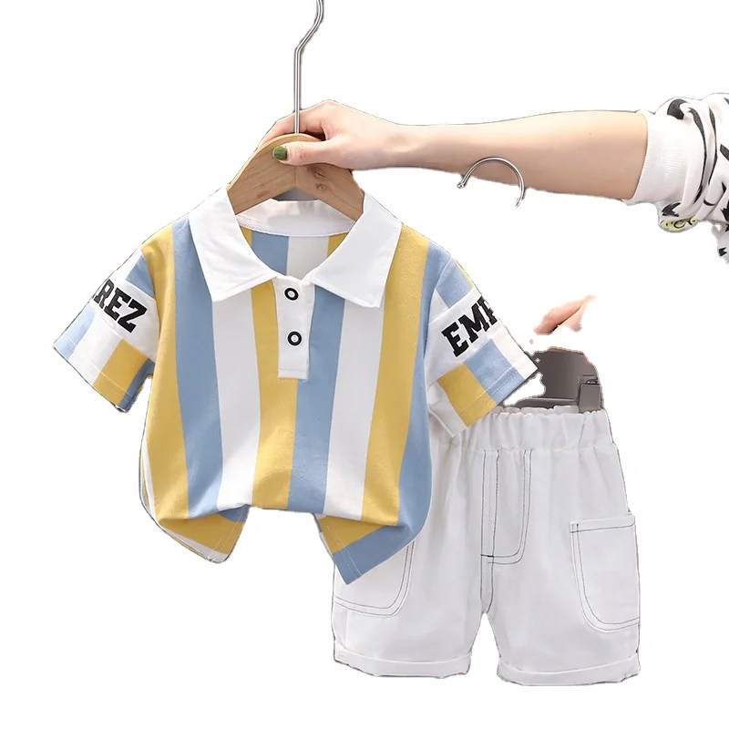 Хит продаж, 2024, Летний стиль, детская одежда, одежда для маленьких мальчиков, повседневная одежда с коротким рукавом и мультяшным принтом, Детская Хлопковая одежда