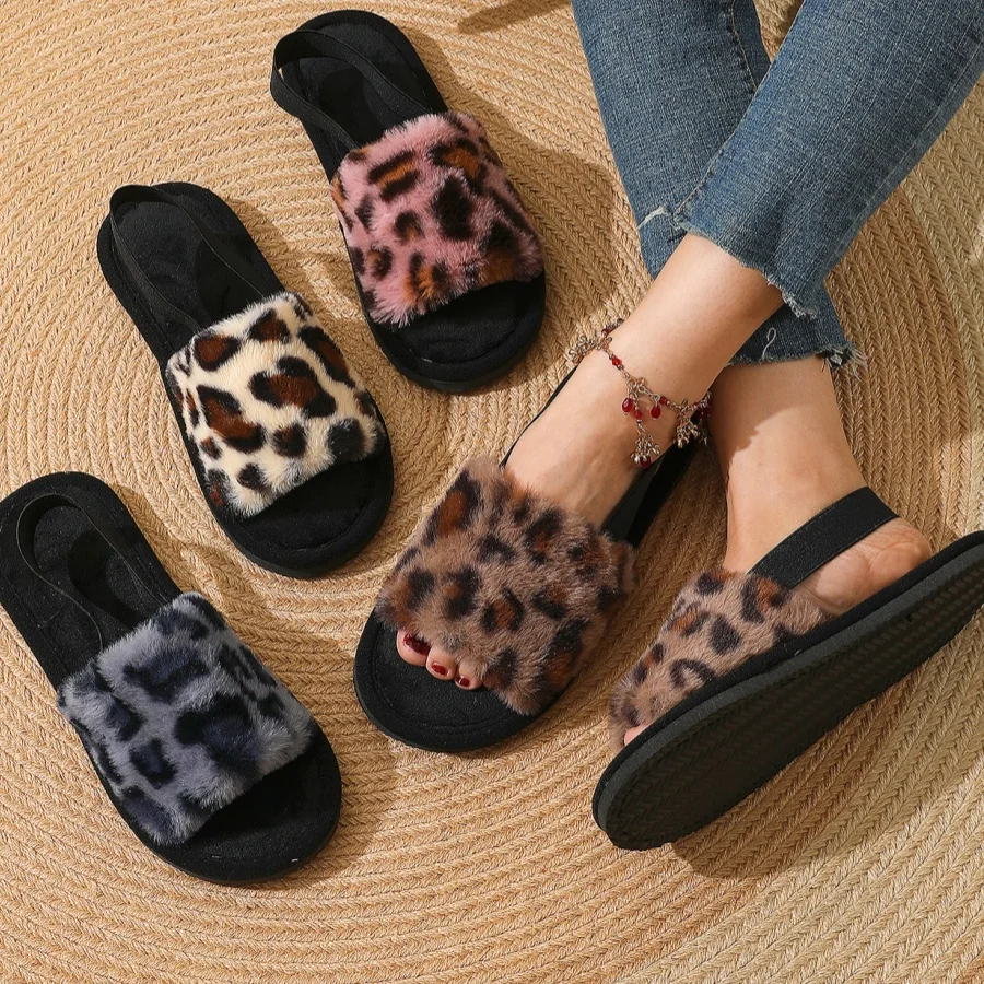 Wholesale women home slippers shoes open toe plush Leopard printed pattern slippers for ladies girls