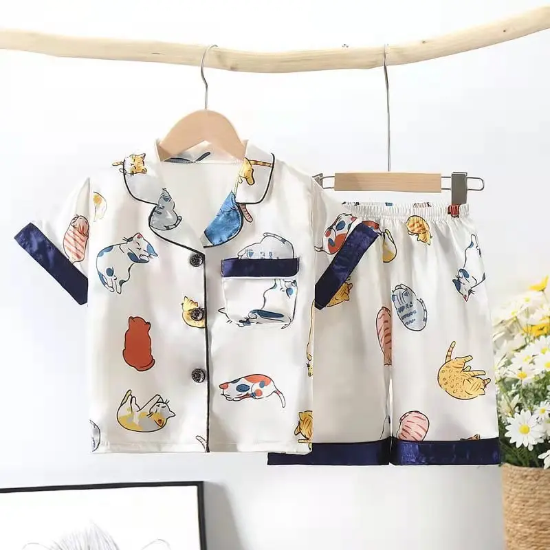 
Childrens summer wear pijama suit silk short sleeve sleepwear thin cardigan cartoon home clothes print pajamas set for boy 