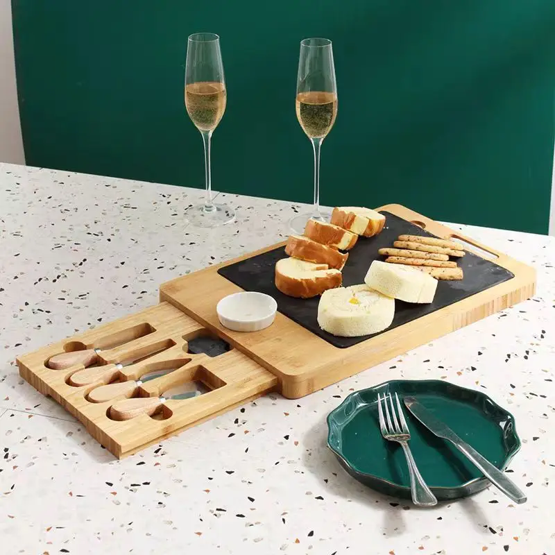 Bamboo Cheese Board Set Wooden cheese board with chalk cutter 4-piece cheese tray set
