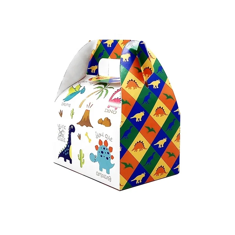 Eco Friendly Full Color Printed Gable Cardboard Paper Boxes With Handle For Birthday Party Wedding