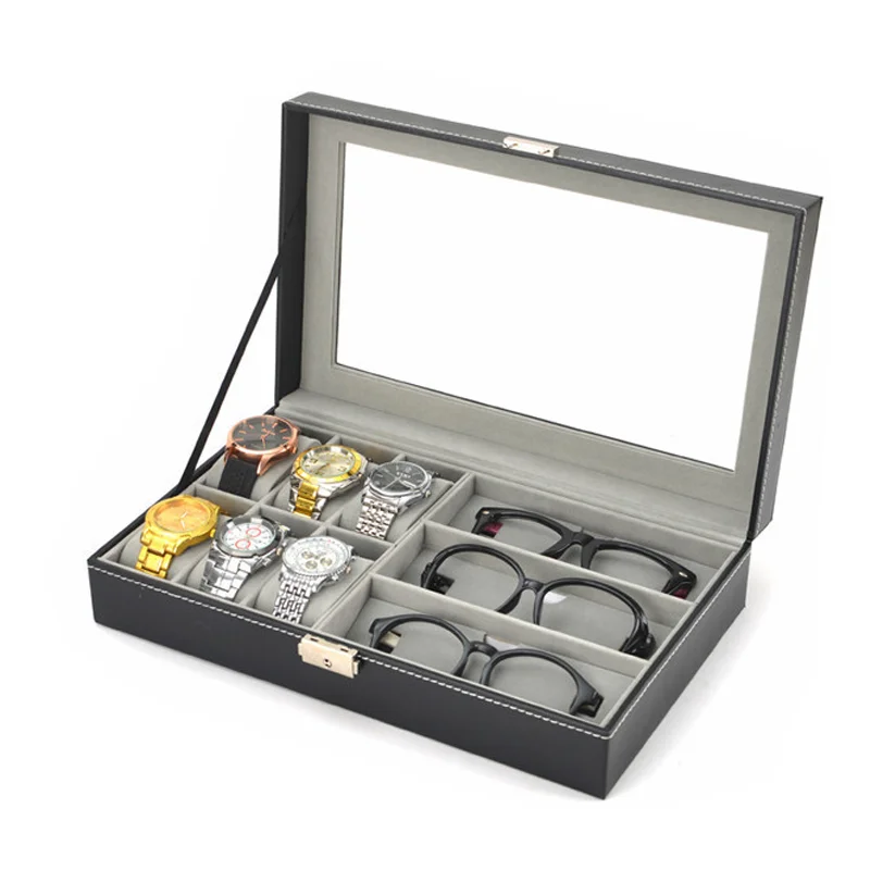 factory 6 Slot Watch 3 Slot Glasses Watches Storage Case Glass Top Watch Case Holder Organizer Storage Box