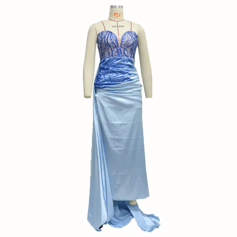  LM9064Q Blue sequined tube top evening dress Sexy split party fashion women