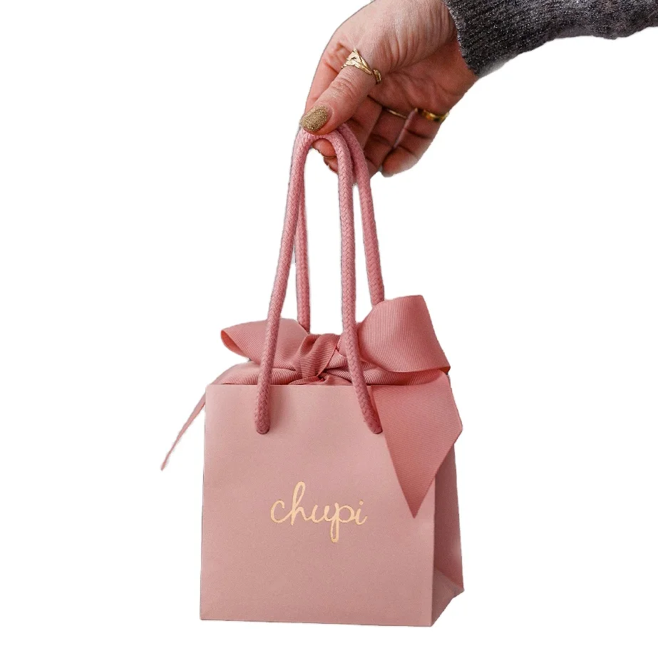 Private label small pink cute paper gift bags with ribbon tie luxury jewelry shopping packaging paper bag for boutique