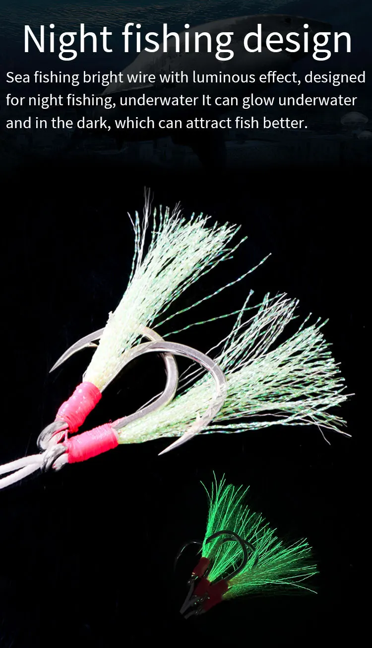 BKK8062 5X 1/0#-7/0# Saltwater Fishhooks Jigging Metal Sea double assist hook with Luminous silk Fishing Hook