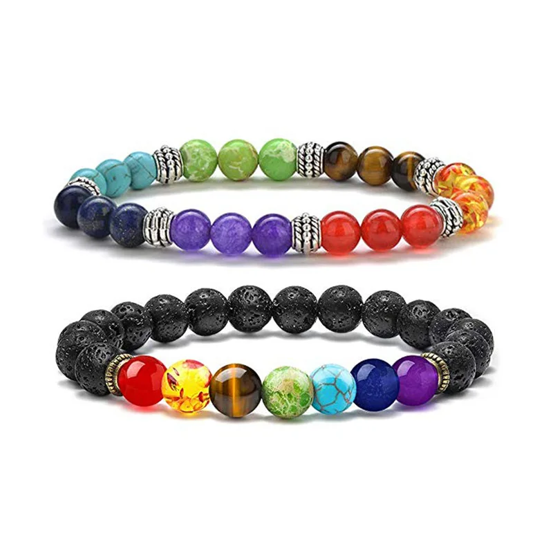 Men Handmade Yoga Chakra Bracelet 8mm 7 Chakra Bead Natural Volcanic Stone Bracelet